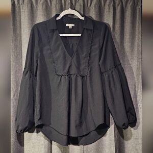 Amuse Society Womens Top Size M Black V-Neck Tunic Boho Bishop Sleeves